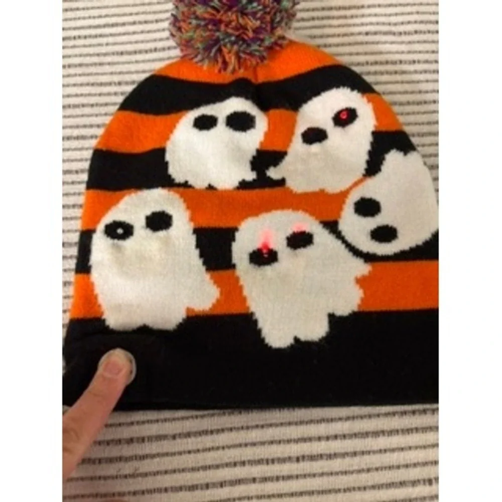 Walgreens Halloween Ghost Light Up Beanie Hat Orange Black Striped Pom Pom Kids